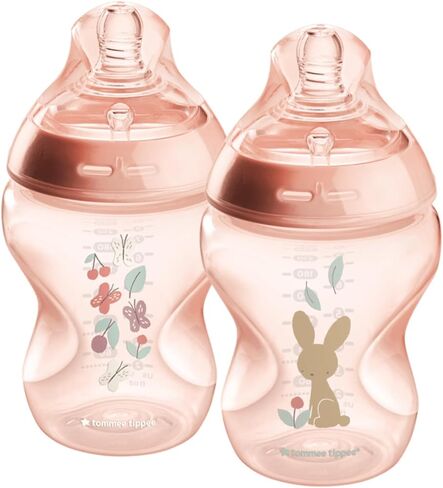 Tommee Tippee Closer to Nature Baby Bottles Slow Flow Breast-Like Nipple with Anti-Colic Valve (9oz, 4 Count) Pink & Green in Saudi Arabia