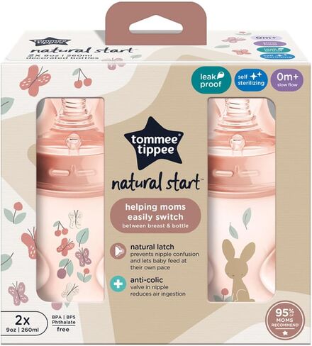 Tommee Tippee Closer to Nature Baby Bottles Slow Flow Breast-Like Nipple with Anti-Colic Valve (9oz, 4 Count) Pink & Green in Saudi Arabia