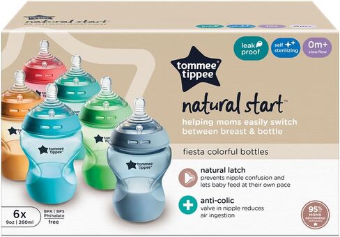 Tommee Tippee Closer to Nature Baby Bottles Slow Flow Breast-Like Nipple with Anti-Colic Valve (9oz, 4 Count) Pink & Green in Saudi Arabia