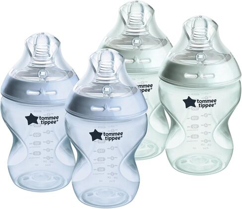 Tommee Tippee Closer to Nature Baby Bottles Slow Flow Breast-Like Nipple with Anti-Colic Valve (9oz, 4 Count) Pink & Green in Saudi Arabia