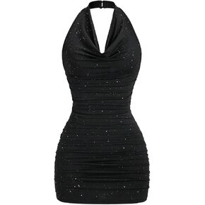 Milumia Women's Glitter Ruched Halter Mini Dress Draped Front Bodycon Cocktail Party Club Dresses in Kuwait