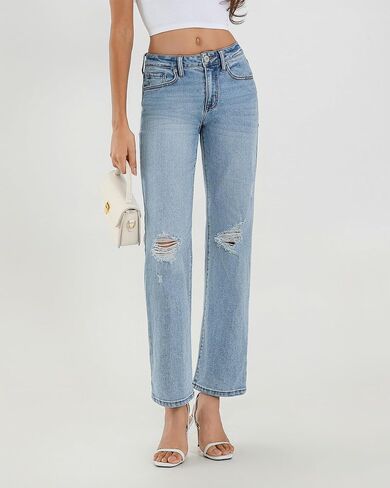 APUOR High Waisted Ripped/Intact Jeans Women's Straight Leg Distressed Jeans Trendy 2025 Wide Leg Denim Pants in Saudi Arabia