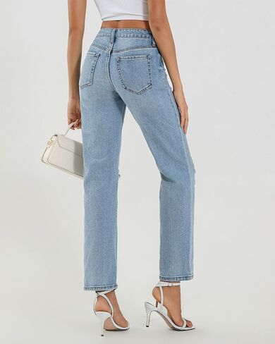 APUOR High Waisted Ripped/Intact Jeans Women's Straight Leg Distressed Jeans Trendy 2025 Wide Leg Denim Pants in Saudi Arabia