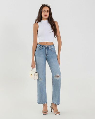 APUOR High Waisted Ripped/Intact Jeans Women's Straight Leg Distressed Jeans Trendy 2025 Wide Leg Denim Pants in Saudi Arabia