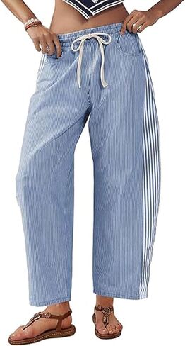 loveimgs Women Baggy Striped Barrel Jeans Pull On Wide Leg Denim Pants Pinstripe Elastic Waist Jeans Sweatpants Drawstring in Saudi Arabia