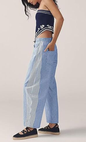 loveimgs Women Baggy Striped Barrel Jeans Pull On Wide Leg Denim Pants Pinstripe Elastic Waist Jeans Sweatpants Drawstring in Saudi Arabia