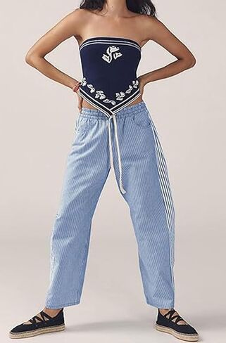 loveimgs Women Baggy Striped Barrel Jeans Pull On Wide Leg Denim Pants Pinstripe Elastic Waist Jeans Sweatpants Drawstring in Saudi Arabia