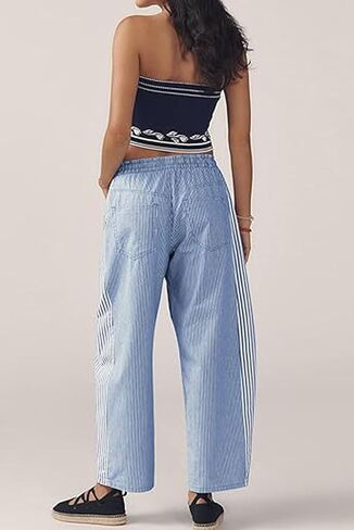 loveimgs Women Baggy Striped Barrel Jeans Pull On Wide Leg Denim Pants Pinstripe Elastic Waist Jeans Sweatpants Drawstring in Saudi Arabia