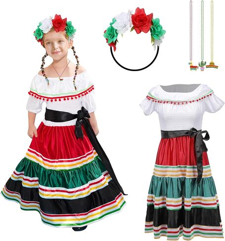 Traditional Mexican Dress for Girls Kids Cinco De Mayo Mexican Costume Princess Dress Halloween Outfit Props in Saudi Arabia