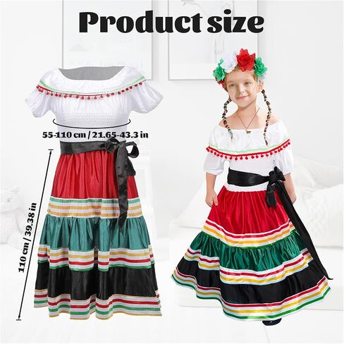 Traditional Mexican Dress for Girls Kids Cinco De Mayo Mexican Costume Princess Dress Halloween Outfit Props in Saudi Arabia