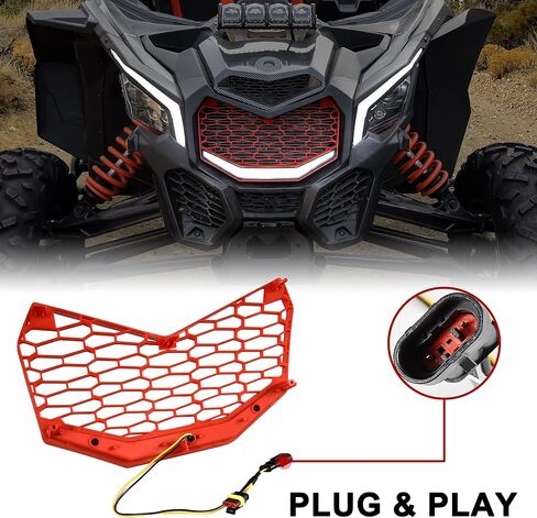 SAUTVS Front Red Grille with LED Light for Maverick X3, New Red Premium Front Bumper Mesh Grill with LED Light Bar for Can-Am Maverick X3 MAX Turbo R 2017-2025 Accessories in Saudi Arabia