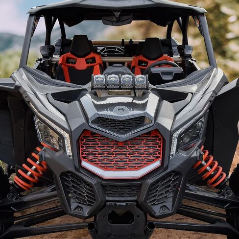 SAUTVS Front Red Grille with LED Light for Maverick X3, New Red Premium Front Bumper Mesh Grill with LED Light Bar for Can-Am Maverick X3 MAX Turbo R 2017-2025 Accessories in Saudi Arabia