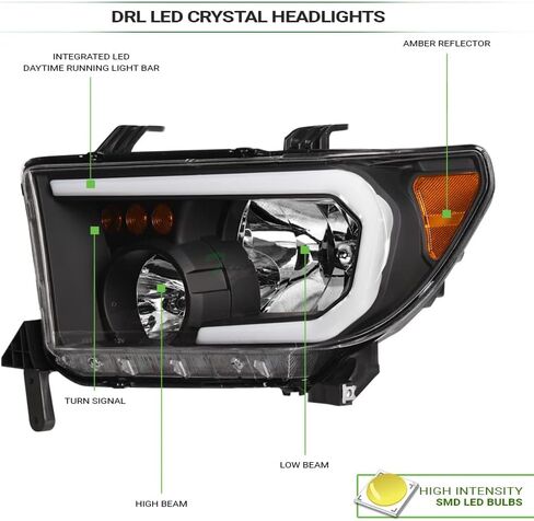 7422438976901 Compatible With 2007-2013 Toyota Tundra / 2008-2017 Sequoia DRL LED Strip Bar Black Housing Headlights With Amber Reflector in Saudi Arabia