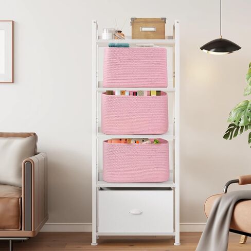 Shelf Woven Storage Basket, Closet Rope Baskets For Organizing, 15 x 9.8 x 9.1" Square Bins with Handles, White+Rice Brown 1 Pack in Saudi Arabia