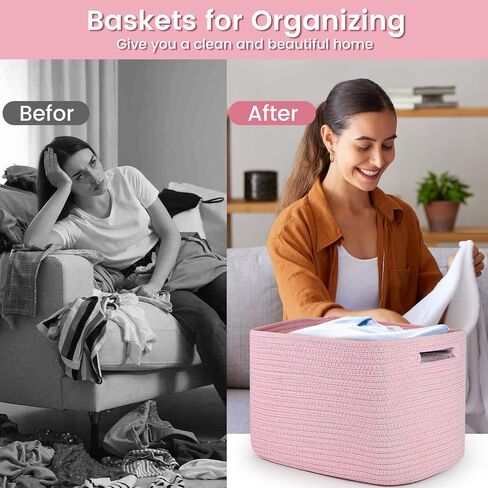 Shelf Woven Storage Basket, Closet Rope Baskets For Organizing, 15 x 9.8 x 9.1" Square Bins with Handles, White+Rice Brown 1 Pack in Saudi Arabia