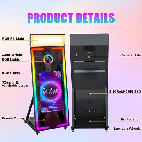 Magic Mirror Photo Booth 65" with Camera and Printer,32'' Interactive Touch Screen Mirror Photo Booth with RGB Mood Light,Instant Printing and Share for Professional Party Photography in Saudi Arabia