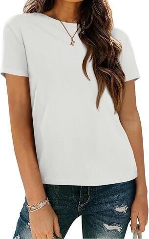 REORIA Womens Summer Crewneck Short Sleeve Cotton Tunic Tops Loose Fit Solid T Shirts 2025 Basic Tees in Kuwait