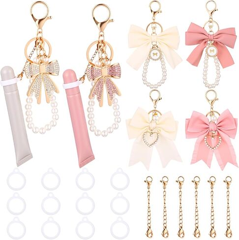 Lip Gloss Keychains, 6 Pack Cute Pearl Bow Keychain Wristlet Lipstick Holder Bag Charms Accessories with 6 Lobster Claw Clasps Chains, 12 Rubber Rings for Women Purse Car Keys in Saudi Arabia