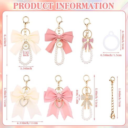 Lip Gloss Keychains, 6 Pack Cute Pearl Bow Keychain Wristlet Lipstick Holder Bag Charms Accessories with 6 Lobster Claw Clasps Chains, 12 Rubber Rings for Women Purse Car Keys in Saudi Arabia