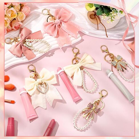 Lip Gloss Keychains, 6 Pack Cute Pearl Bow Keychain Wristlet Lipstick Holder Bag Charms Accessories with 6 Lobster Claw Clasps Chains, 12 Rubber Rings for Women Purse Car Keys in Saudi Arabia