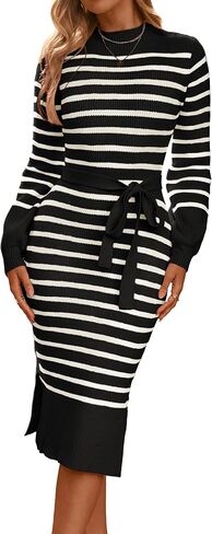 Simplee Womens Long Sleeve Sweater Dress Ribbed Knit Bodycon Fall Slim Fit Slit Tie Waist Midi Dresses with Belt in Saudi Arabia