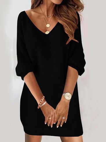 Women's Boho V-Neck Half Sleeves Solid Color Casual Loose Elegant Mini Dress in Saudi Arabia