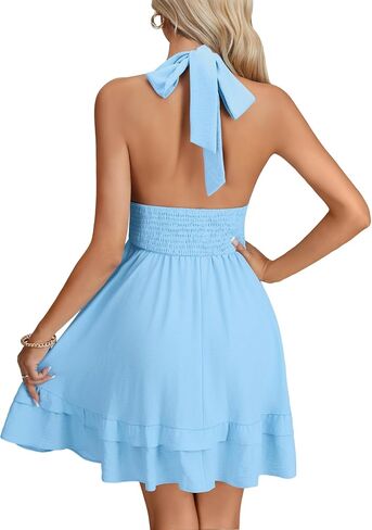 LYANER Women's Halter Deep V Neck Backless Ruffle A Line Sleeveless Shirred Sexy Mini Dress in Saudi Arabia
