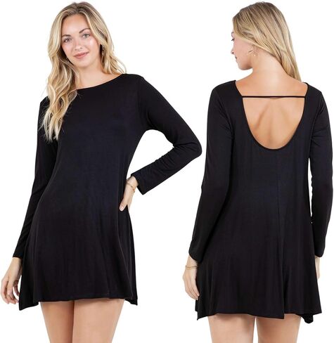 Azules Women's Long Sleeve Tunic Dress Casual Boat Neck Swing Dress with Scoop Back in Saudi Arabia