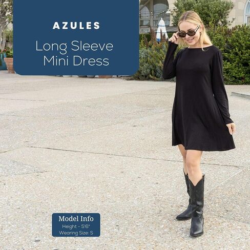 Azules Women's Long Sleeve Tunic Dress Casual Boat Neck Swing Dress with Scoop Back in Saudi Arabia