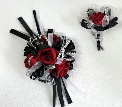 Ting & Cecilly Rose Wedding Corsage and Boutonniere Set, Floral Accessories for Wedding Flower Accessories Prom Suit Decorations (Black & White) in Saudi Arabia