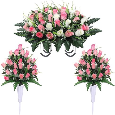 Lodou Artificial Cemetery Flower Saddles for Graves, Cemetery Memorial Flowers with Vase and 2 Memorial Bouquets for Grave Tombstone,Outdoor Grave Saddle Headstone Decorations (Pink White) in Kuwait