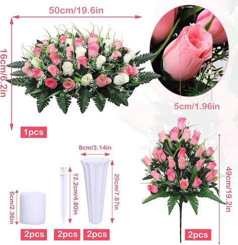 Lodou Artificial Cemetery Flower Saddles for Graves, Cemetery Memorial Flowers with Vase and 2 Memorial Bouquets for Grave Tombstone,Outdoor Grave Saddle Headstone Decorations (Pink White) in Kuwait