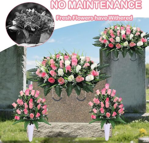 Lodou Artificial Cemetery Flower Saddles for Graves, Cemetery Memorial Flowers with Vase and 2 Memorial Bouquets for Grave Tombstone,Outdoor Grave Saddle Headstone Decorations (Pink White) in Kuwait