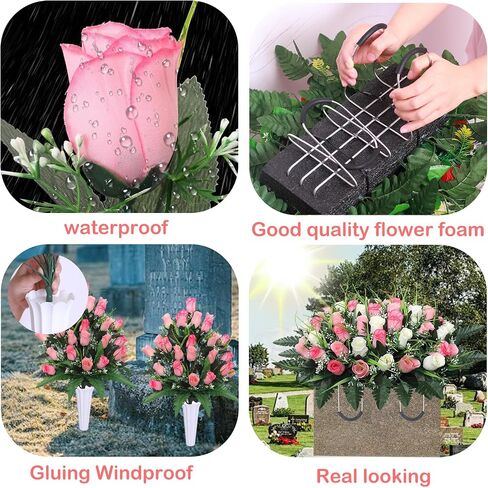 Lodou Artificial Cemetery Flower Saddles for Graves, Cemetery Memorial Flowers with Vase and 2 Memorial Bouquets for Grave Tombstone,Outdoor Grave Saddle Headstone Decorations (Pink White) in Kuwait