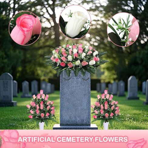 Lodou Artificial Cemetery Flower Saddles for Graves, Cemetery Memorial Flowers with Vase and 2 Memorial Bouquets for Grave Tombstone,Outdoor Grave Saddle Headstone Decorations (Pink White) in Kuwait