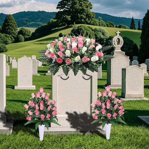 Lodou Artificial Cemetery Flower Saddles for Graves, Cemetery Memorial Flowers with Vase and 2 Memorial Bouquets for Grave Tombstone,Outdoor Grave Saddle Headstone Decorations (Pink White) in Kuwait