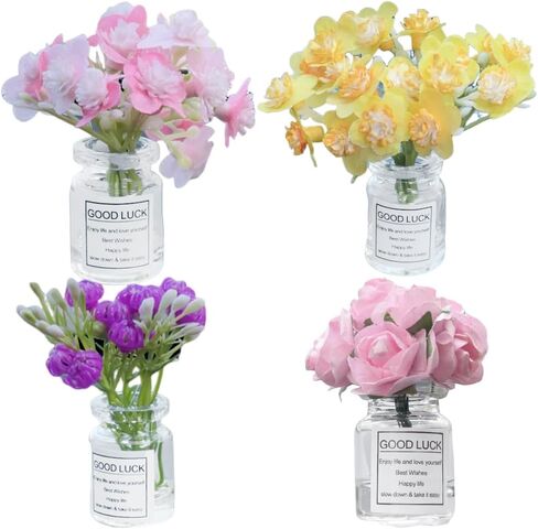 Set of 4 Cute Mini Rose Flower Vase Car Dashboard Decorations Self-Adhesive Mini Vase with Artificial Flowers Ornaments Car Interior Accessories,Jasmine+Cherry Blossom+Rose+Lavender in Saudi Arabia