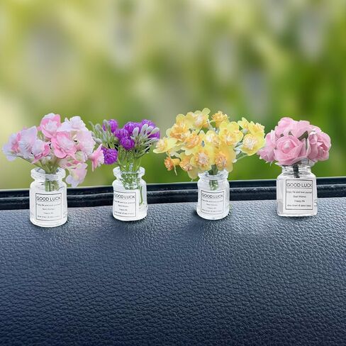 Set of 4 Cute Mini Rose Flower Vase Car Dashboard Decorations Self-Adhesive Mini Vase with Artificial Flowers Ornaments Car Interior Accessories,Jasmine+Cherry Blossom+Rose+Lavender in Saudi Arabia