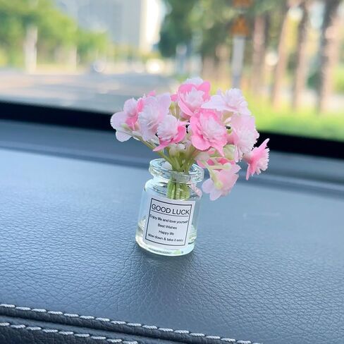 Set of 4 Cute Mini Rose Flower Vase Car Dashboard Decorations Self-Adhesive Mini Vase with Artificial Flowers Ornaments Car Interior Accessories,Jasmine+Cherry Blossom+Rose+Lavender in Saudi Arabia