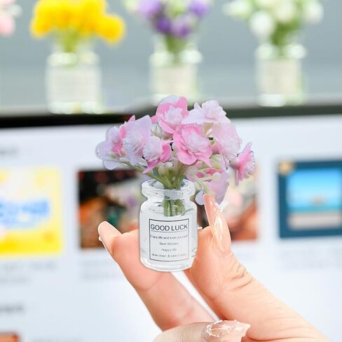 Set of 4 Cute Mini Rose Flower Vase Car Dashboard Decorations Self-Adhesive Mini Vase with Artificial Flowers Ornaments Car Interior Accessories,Jasmine+Cherry Blossom+Rose+Lavender in Saudi Arabia