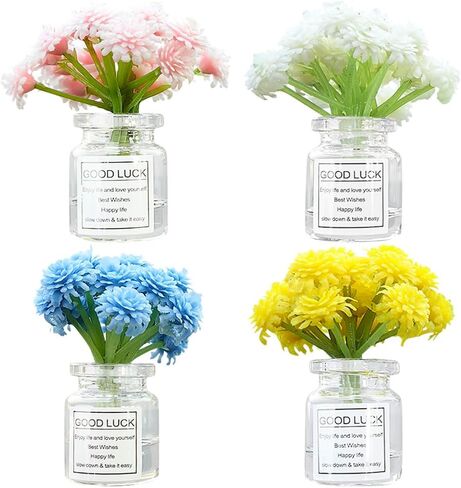 Set of 4 Cute Mini Rose Flower Vase Car Dashboard Decorations Self-Adhesive Mini Vase with Artificial Flowers Ornaments Car Interior Accessories,Jasmine+Cherry Blossom+Rose+Lavender in Saudi Arabia
