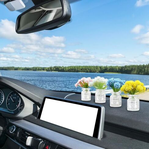 Set of 4 Cute Mini Rose Flower Vase Car Dashboard Decorations Self-Adhesive Mini Vase with Artificial Flowers Ornaments Car Interior Accessories,Jasmine+Cherry Blossom+Rose+Lavender in Saudi Arabia