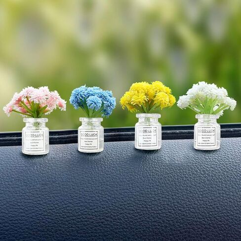 Set of 4 Cute Mini Rose Flower Vase Car Dashboard Decorations Self-Adhesive Mini Vase with Artificial Flowers Ornaments Car Interior Accessories,Jasmine+Cherry Blossom+Rose+Lavender in Saudi Arabia