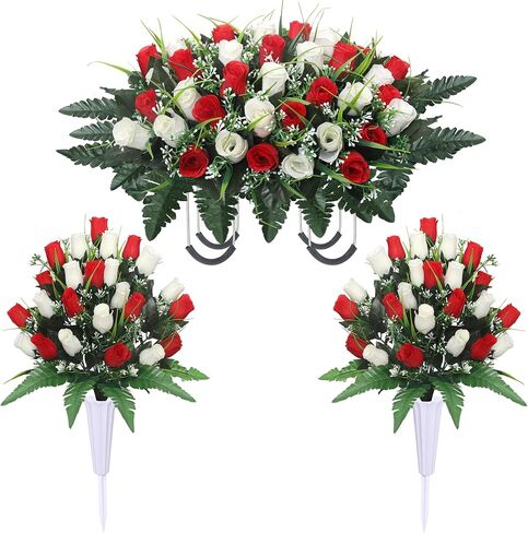 Lodou Artificial Cemetery Flower Saddles for Graves, Cemetery Memorial Flowers with Vase and 2 Memorial Bouquets for Grave Tombstone,Outdoor Grave Saddle Headstone Decorations (Pink White) in Kuwait