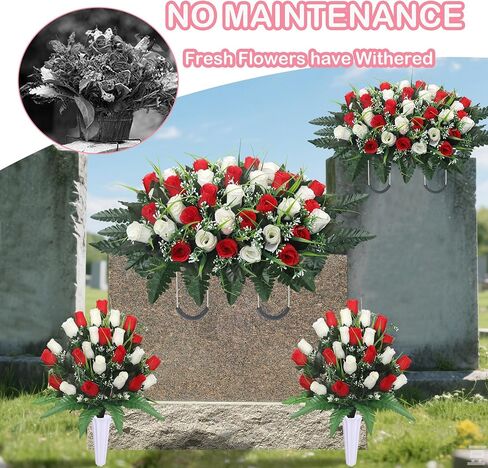 Lodou Artificial Cemetery Flower Saddles for Graves, Cemetery Memorial Flowers with Vase and 2 Memorial Bouquets for Grave Tombstone,Outdoor Grave Saddle Headstone Decorations (Pink White) in Kuwait