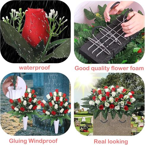 Lodou Artificial Cemetery Flower Saddles for Graves, Cemetery Memorial Flowers with Vase and 2 Memorial Bouquets for Grave Tombstone,Outdoor Grave Saddle Headstone Decorations (Pink White) in Kuwait
