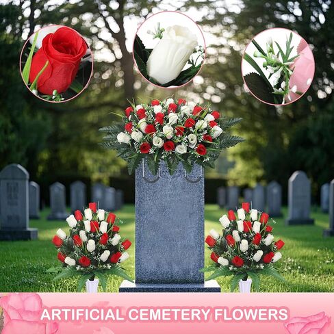 Lodou Artificial Cemetery Flower Saddles for Graves, Cemetery Memorial Flowers with Vase and 2 Memorial Bouquets for Grave Tombstone,Outdoor Grave Saddle Headstone Decorations (Pink White) in Kuwait