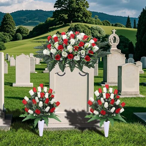 Lodou Artificial Cemetery Flower Saddles for Graves, Cemetery Memorial Flowers with Vase and 2 Memorial Bouquets for Grave Tombstone,Outdoor Grave Saddle Headstone Decorations (Pink White) in Kuwait