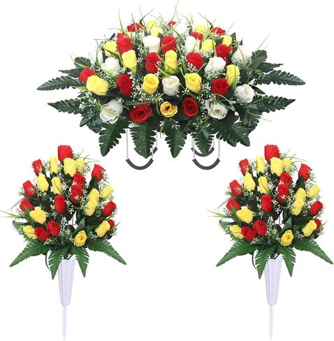 Lodou Artificial Cemetery Flower Saddles for Graves, Cemetery Memorial Flowers with Vase and 2 Memorial Bouquets for Grave Tombstone,Outdoor Grave Saddle Headstone Decorations (Pink White) in Kuwait