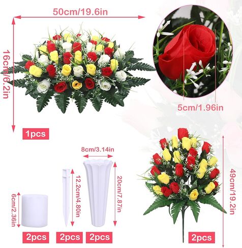 Lodou Artificial Cemetery Flower Saddles for Graves, Cemetery Memorial Flowers with Vase and 2 Memorial Bouquets for Grave Tombstone,Outdoor Grave Saddle Headstone Decorations (Pink White) in Kuwait